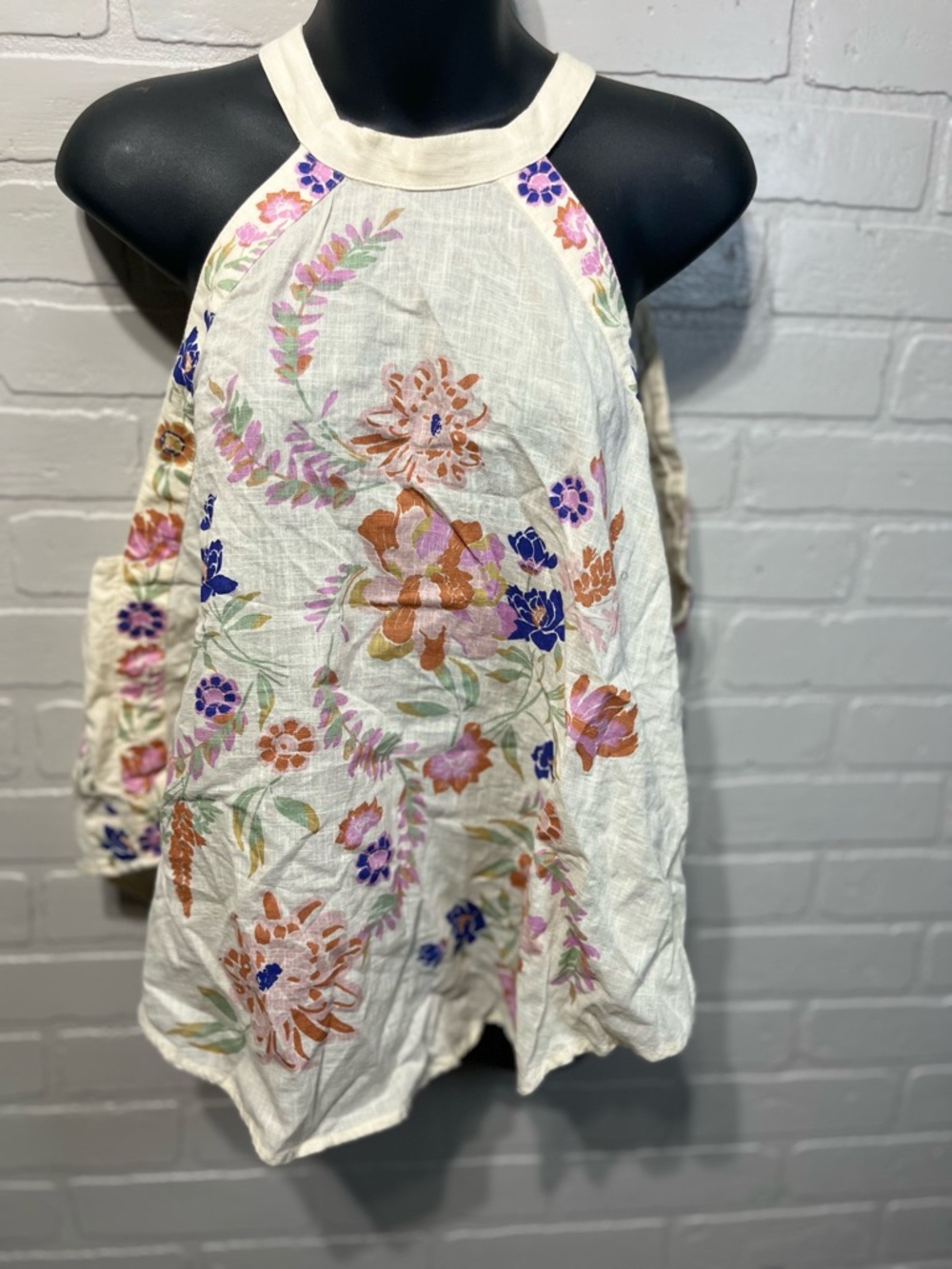 Free People White Floral Halter Tank with Pink, Orange & Blue Embroidery